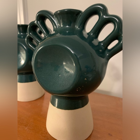 Anthropologie midcentury modern peacock vases, glossy green and matte beige (2) - Picture 7 of 8